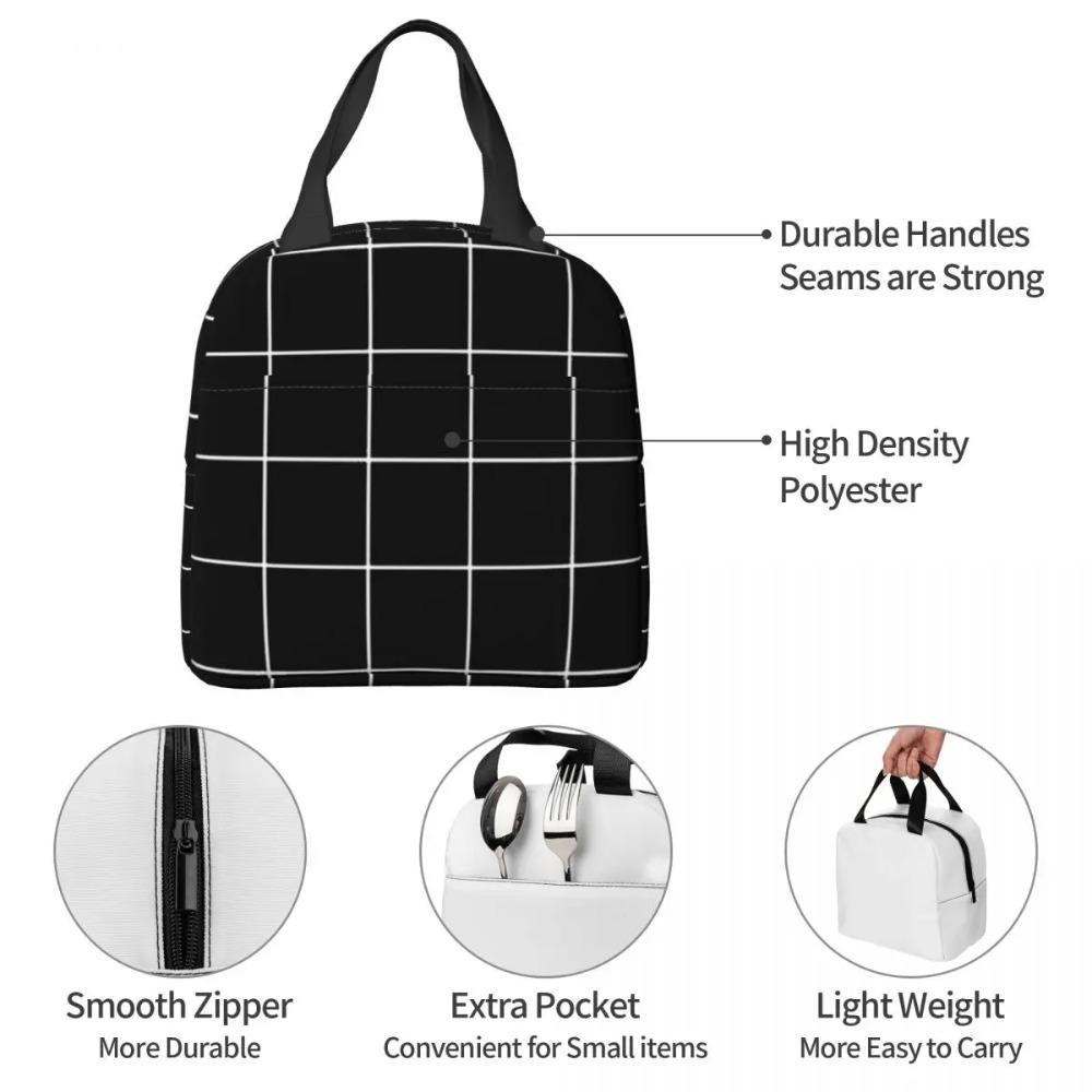 Black Checkered Insulated Lunch Bag for Women Kids Portable Food Boxes Thermal Lunch Box Tote
