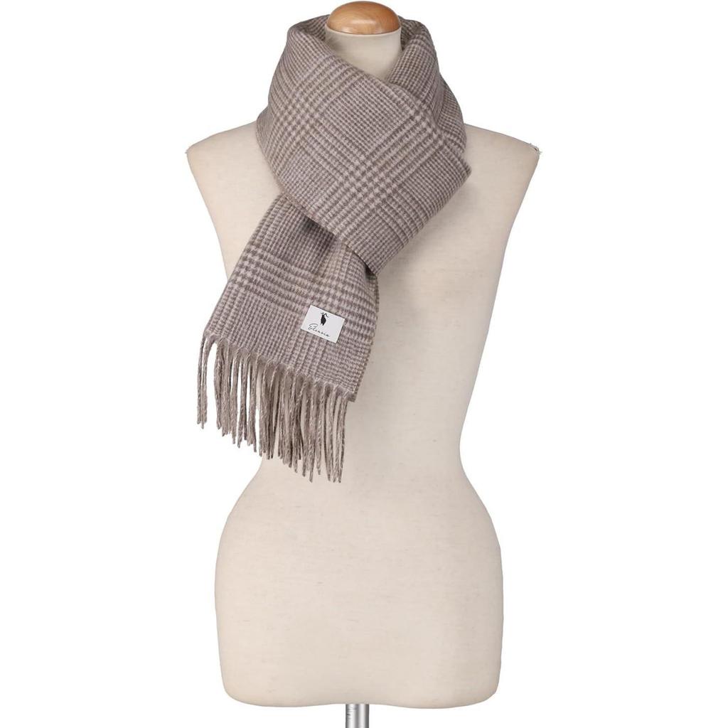 Used Elensia Cashmere Blend Reversible Scarf for Women and Men, UV Cut 98% or more, Checkered, 30x186cm, 160g, Available in 13 Colors (Brown)