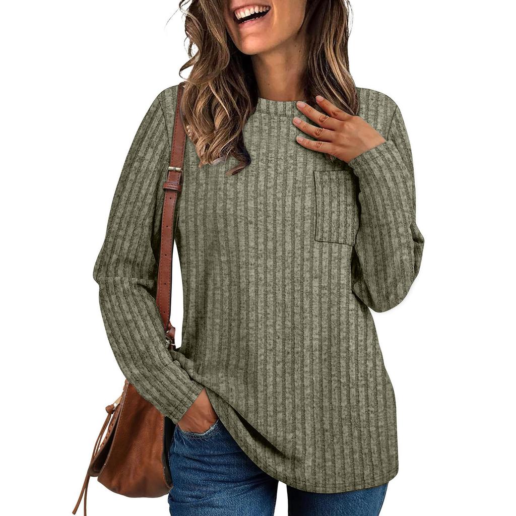 Women's Casual Long Sleeve Ribbed Knit Top with Pocket, Soft and Comfortable Pullover for Everyday Wear