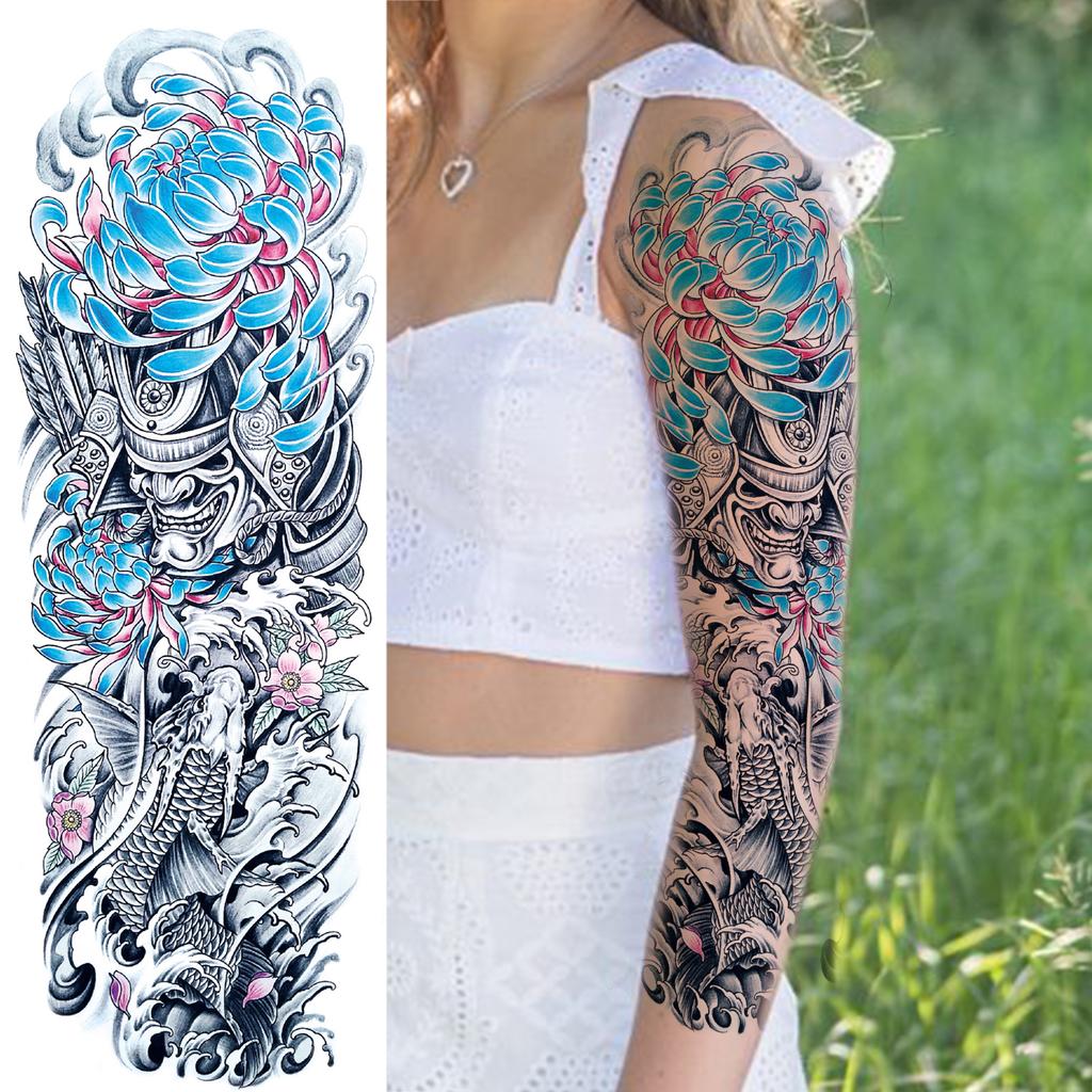 1 Sheet Long Sleeve Temporary Tattoos For Men Women Flower Skull Lion Wolf Tiger Nun Fox Compass Tattoo Sticker Body Art Arm Leg