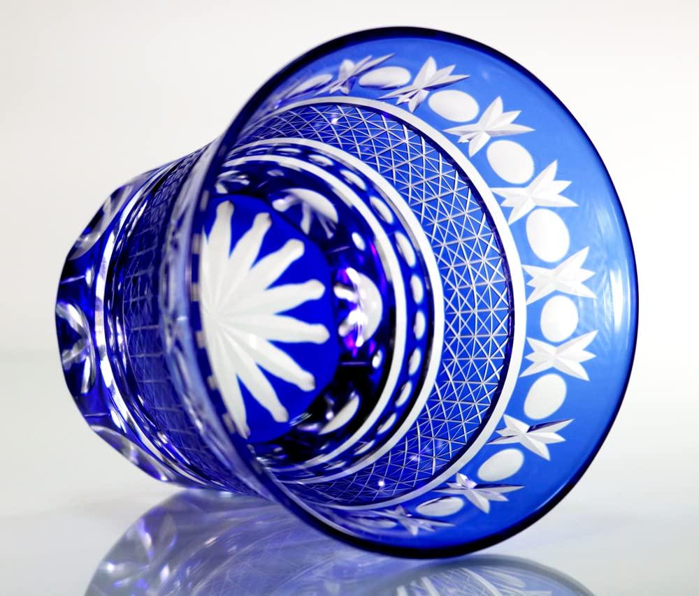 GREEM MARKET Crafts with Wooden Box Glasswork Kiriko Glass Cup Shochu Glass Kiriko Glass Product GMS00726 Number (Blue)
