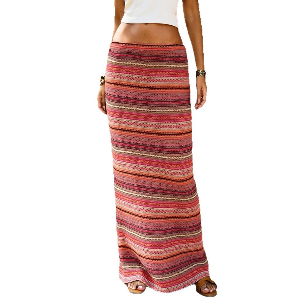 Gonna lunga dritta semplice a righe in maglia casual da donna per vacanze al mare