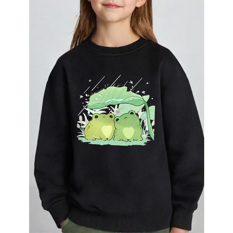 Kids Unisex Crewneck Sweatshirt, Cute Two Heart Belly Frogs Under Lotus Leaf In Rain Cartoon Print, Soft Sweatshirt for Boys Girls Over 4 Years Old