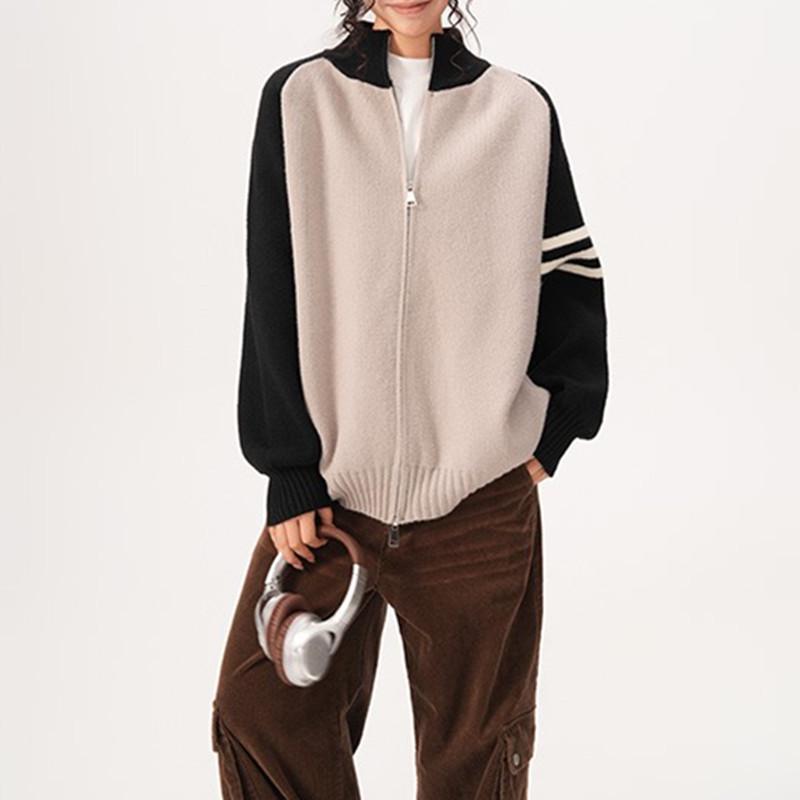 

Унисекс кардиган крупной вязки в стиле колор-блок: Тяжелый, Модный, Свободного кроя, Осенне-зимний спортивный свитер со стойкой. L абрикосовый