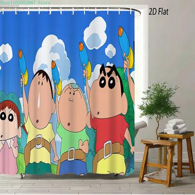Crayon Shin-Chan & Friends Water Gun Fun 2D Print Waterproof Shower Curtain, Blue Anime Bathroom Decor With Hooks