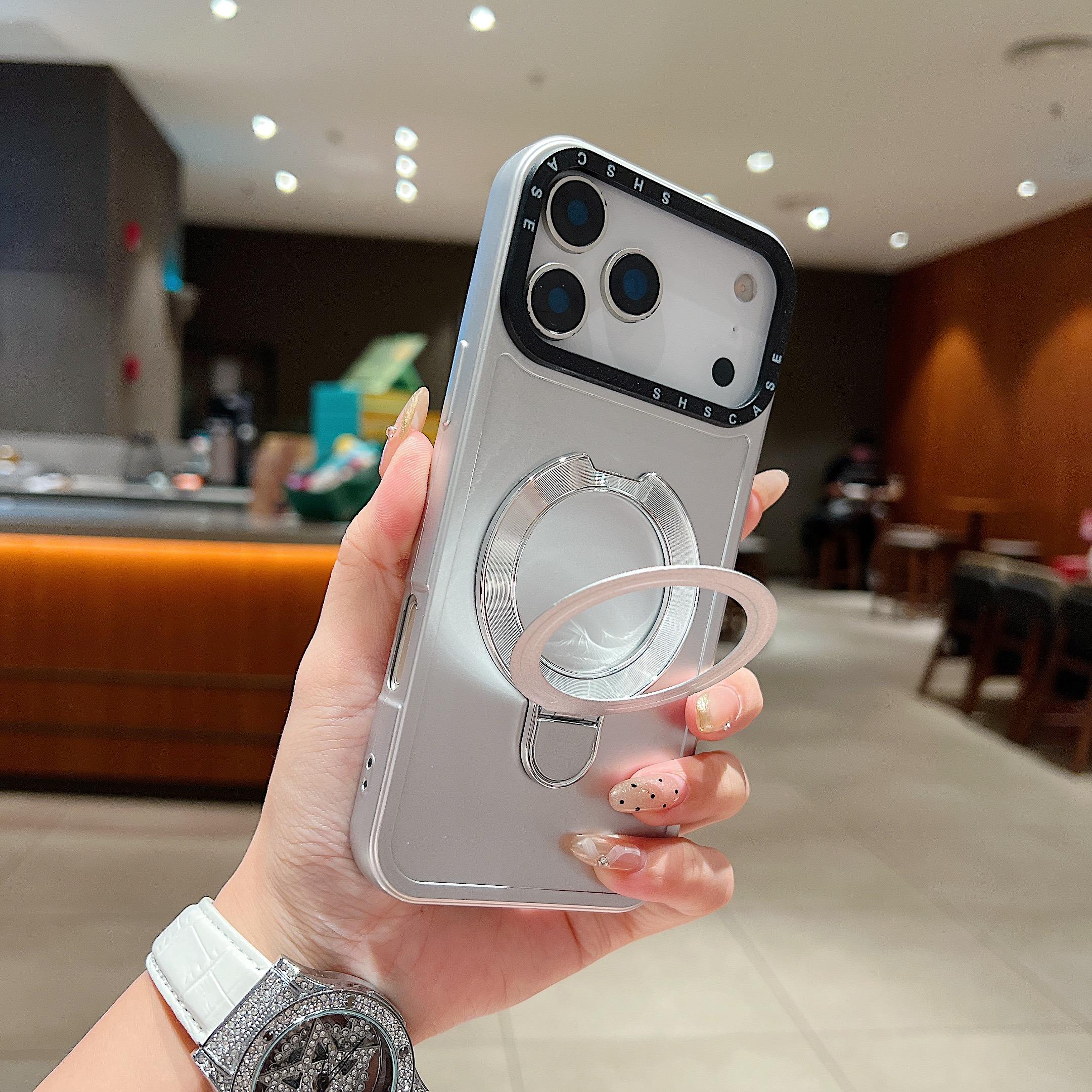 

For iPhone 17 Pro Max Magnetic Case Kickstand Black Lens Frame Metal Paint Finish PC TPU Phone Back Cover