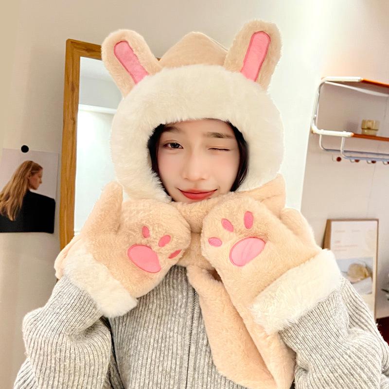 Women's Cozy Fox Ear Plush Hat with Integrated Scarf - Warm, Soft Lei Feng Design for Autumn and Winter. Perfect Ear Protection for Students.
