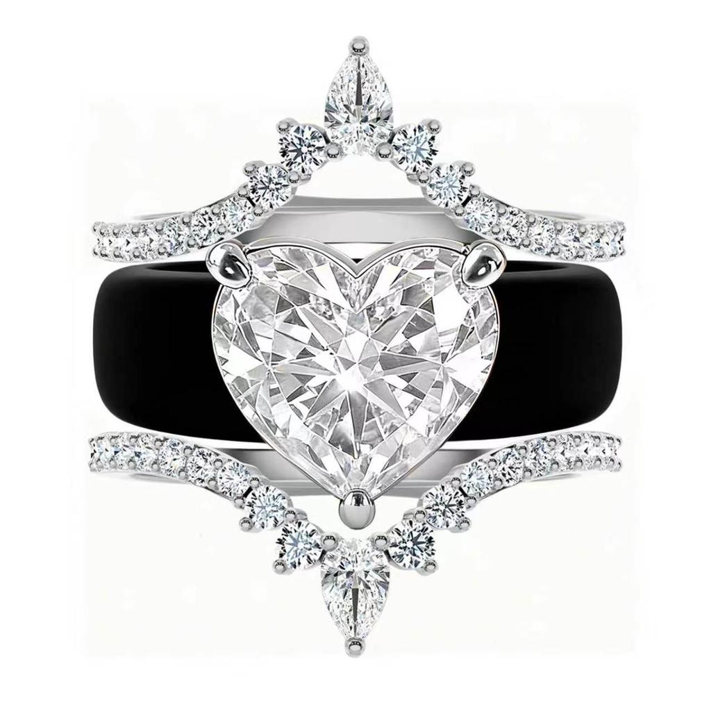 Bohemian 3-in-1 Heart Zircon & Crown Ring Set Black Silicone & CopperPlated Stackable Rings for Women Romantic Party Dating Jew