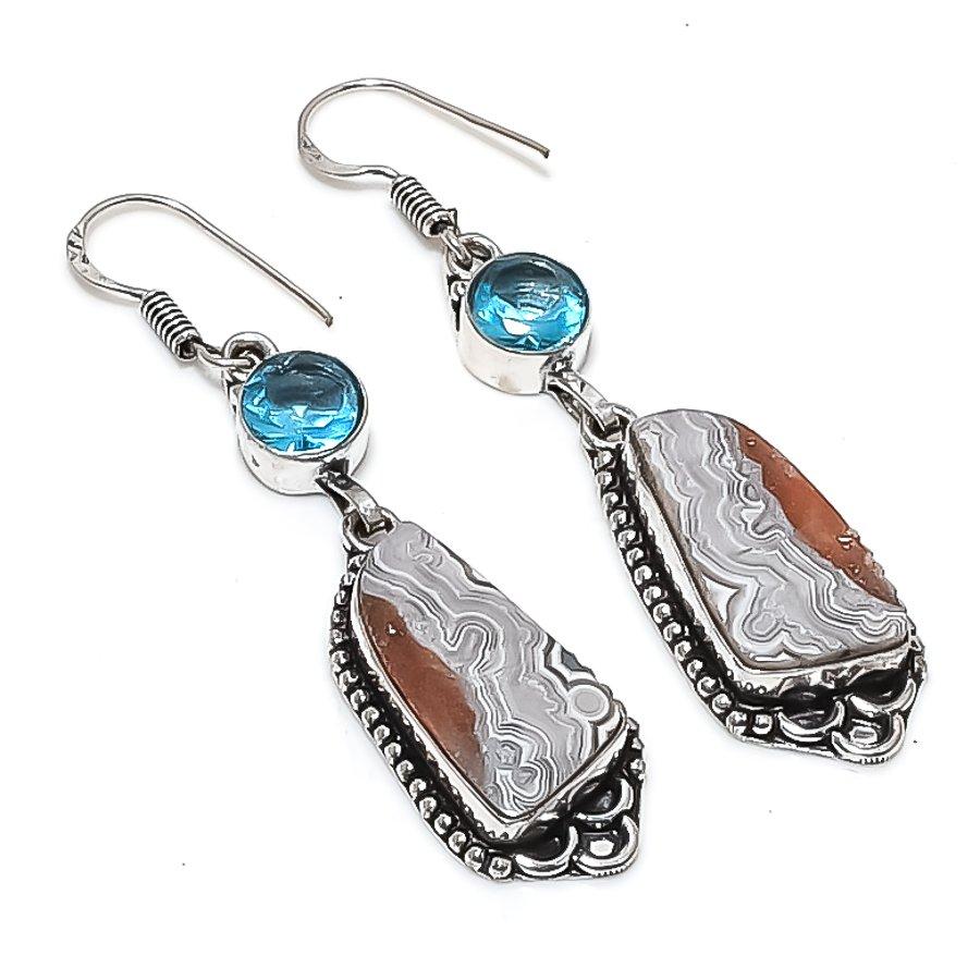 Natural Laguna Lace Agate, Topaz 925 Sterling Silver Jewelry Earring 2.44" M8k61