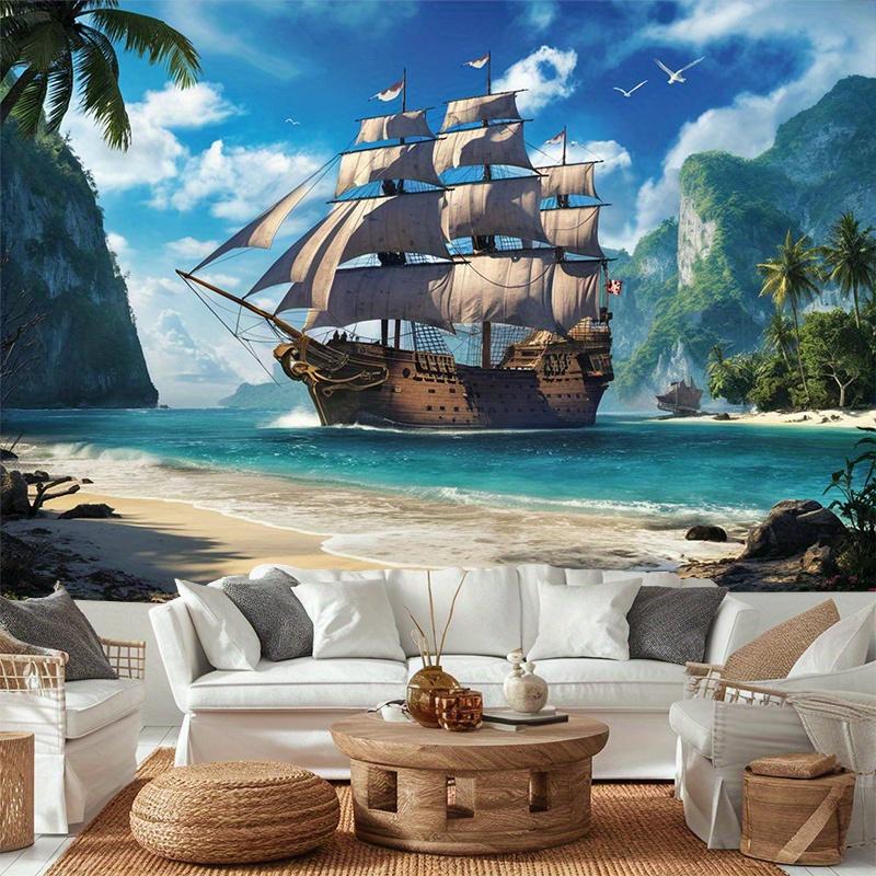 1 Piece, Polyester Material Pirate Ship and Tropical Beach Wall Fabric, 75 Grams Per Square Meter, 100% Polyester Fiber