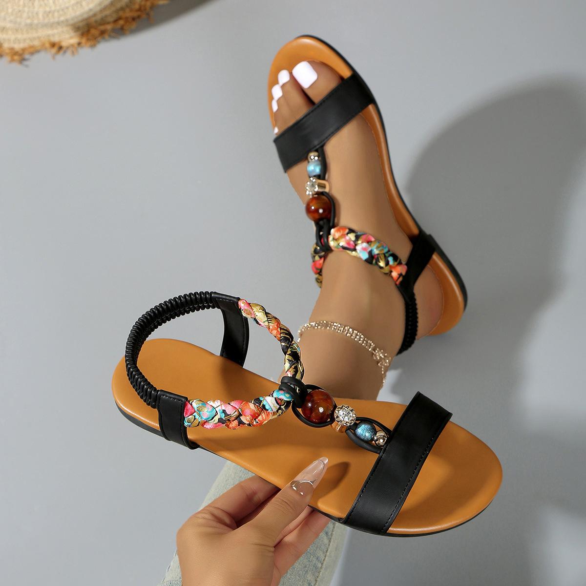 

Женские летние бохо-сандалии на плоской подошве, цветные пляжные туфли с бусинами, большие размеры, широкая ширина, с эластичным ремешком и кисточкой 43 чёрный