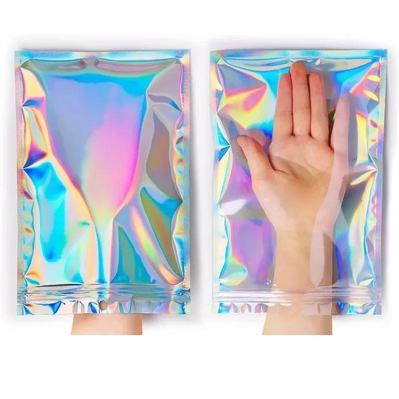 50/10pcs Iridescent Self-Sealing Bags Plastic Laser Clear Storage Bag Makeup Jewelry Gift Zipper Bags Candy Packaging Pouches