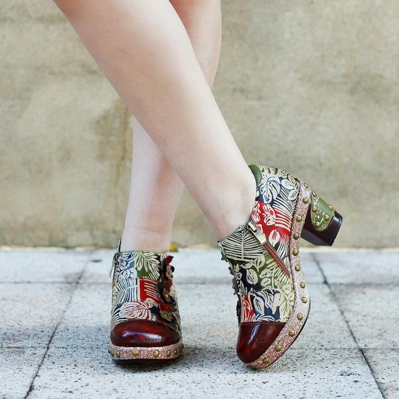 New In Autumn and Winter, Hand-polished Leather Retro Flower Three-dimensional Flower Comfortable Thick Heel High Heels