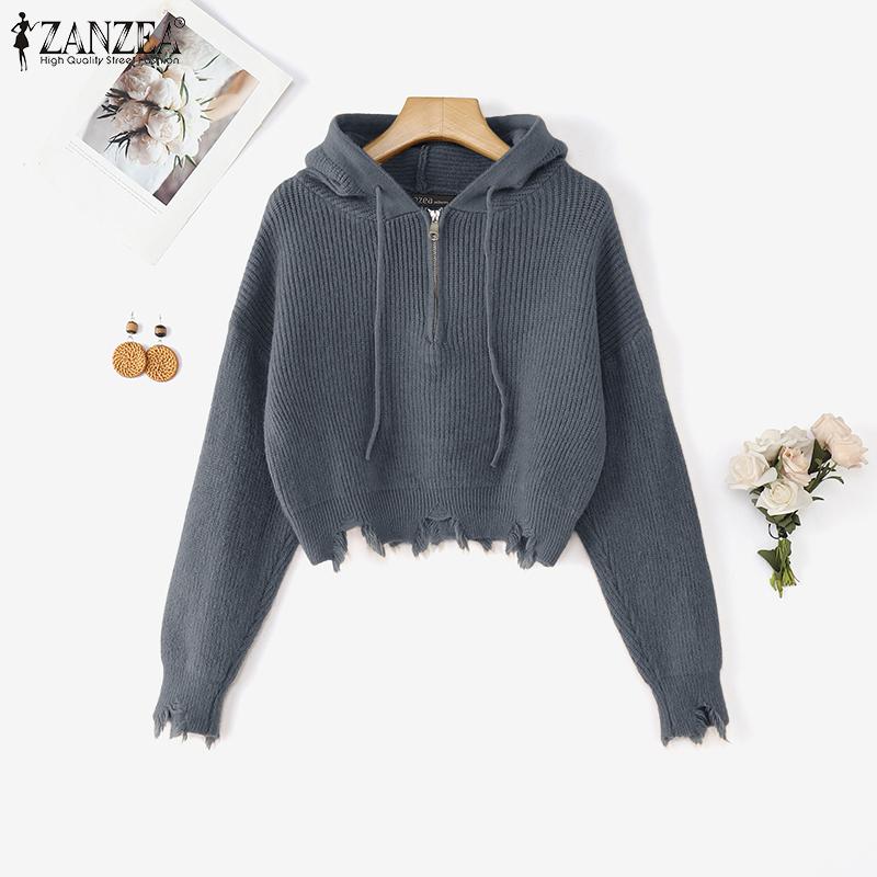 

ZANZEA Autumn Women Long Sleeve Zip-up Rib Knitted Irregular Hooded Sweaters One Size серый