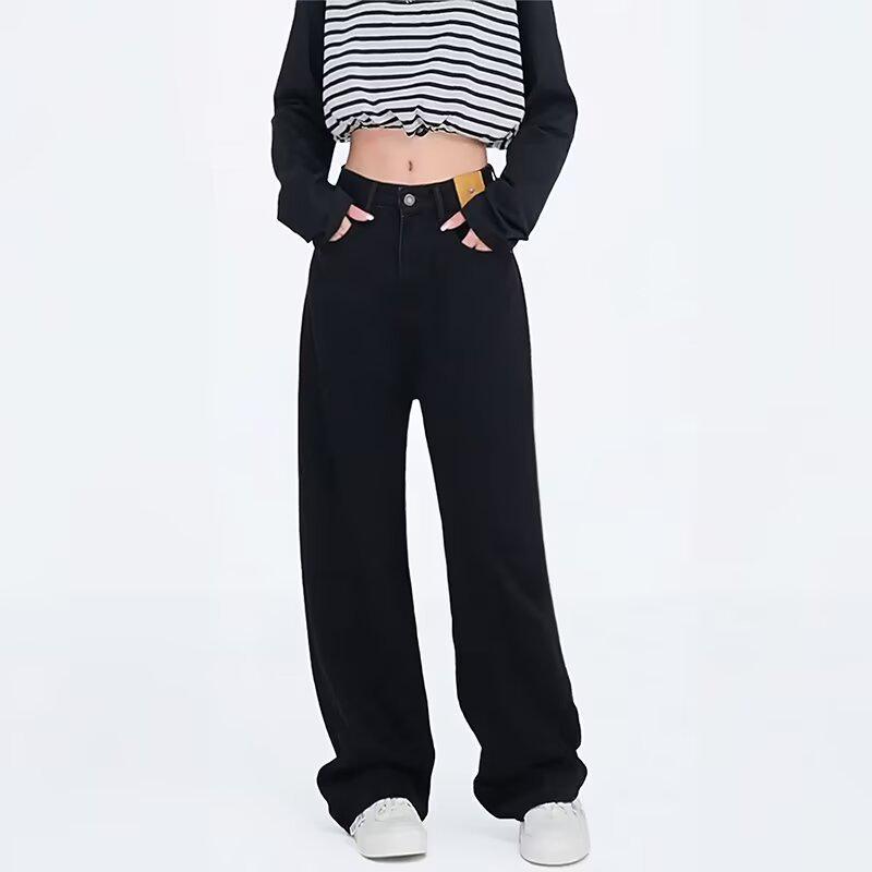 Women's Plus Size High-Waisted Fleece-Lined Black Wide-Leg Jeans - Slimming, Loose-Fit for Pear Shape, Autumn/Winter Wear