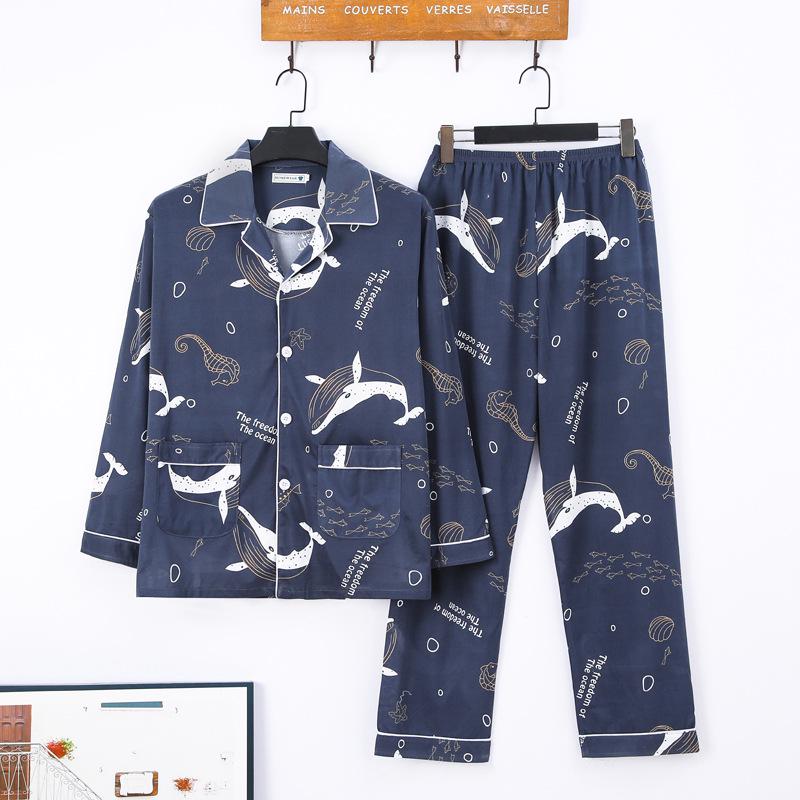 Men's Printed Long Sleeve Knit Cotton Pajama Set with Cardigan Lapel for Spring, Autumn, Winter