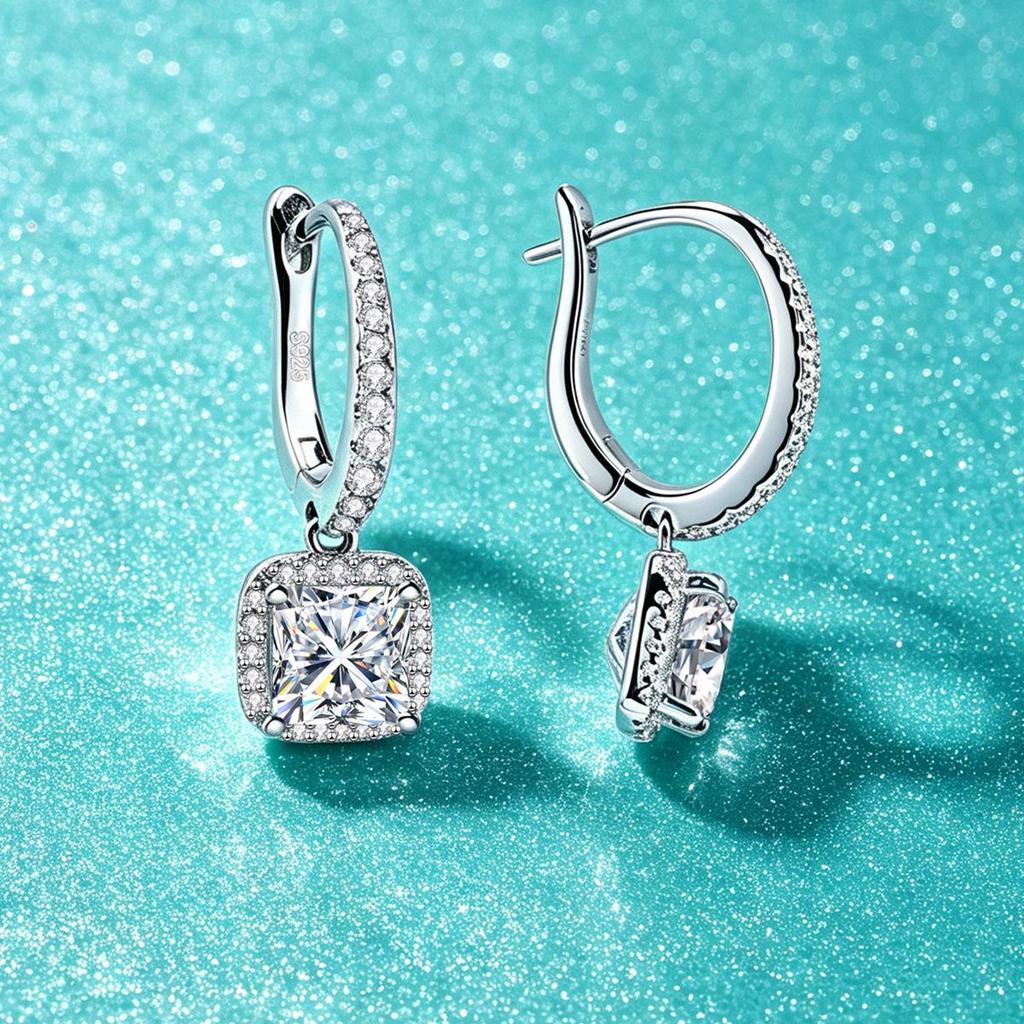 S925 Sterling Silver Square Sugar Moissanite Earrings - D Color Ear Studs