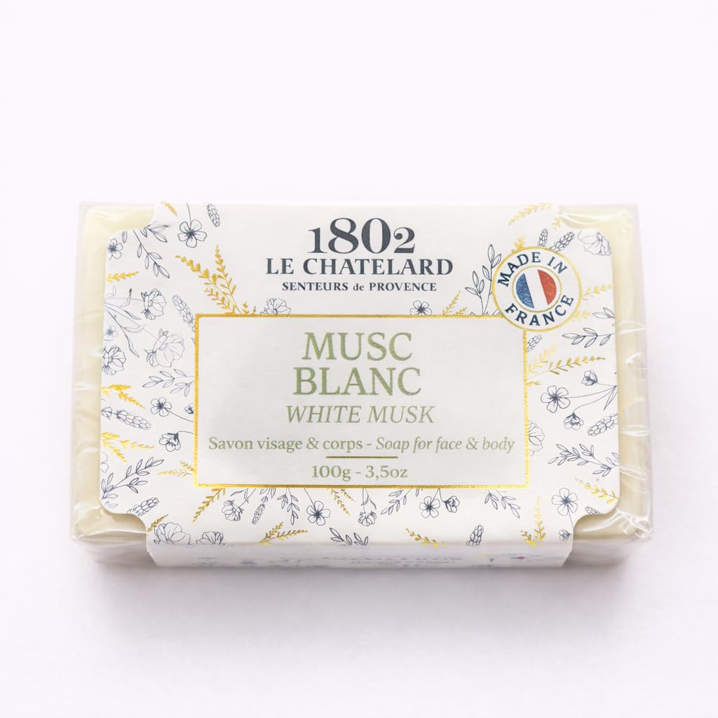LeChatelard 1802 White Musk Gentle Fragrant Soap Bar 100g - Marseille Soap Recipe, Sweet Almond Oil Enriched, Soft Musk Aroma, Long-Lasting Unise