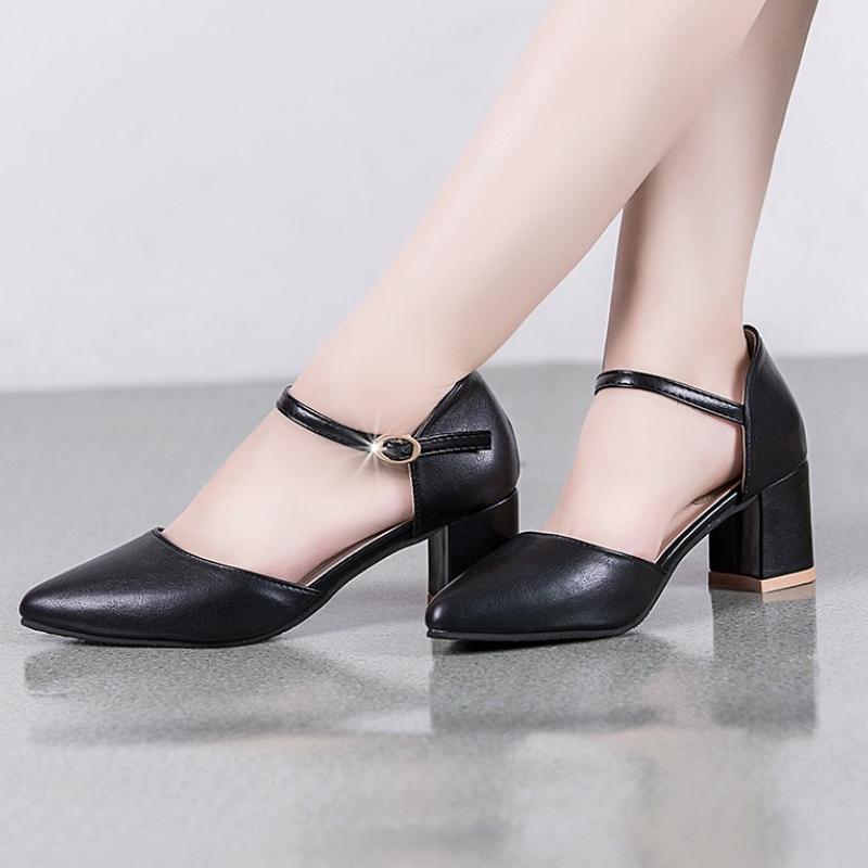New Women Dress Shoes Cover Toe Ankle Strap Sandals Office  Mary Leisure Thick Heel Soft Bottom Simple Buckle Grace Single Shoe