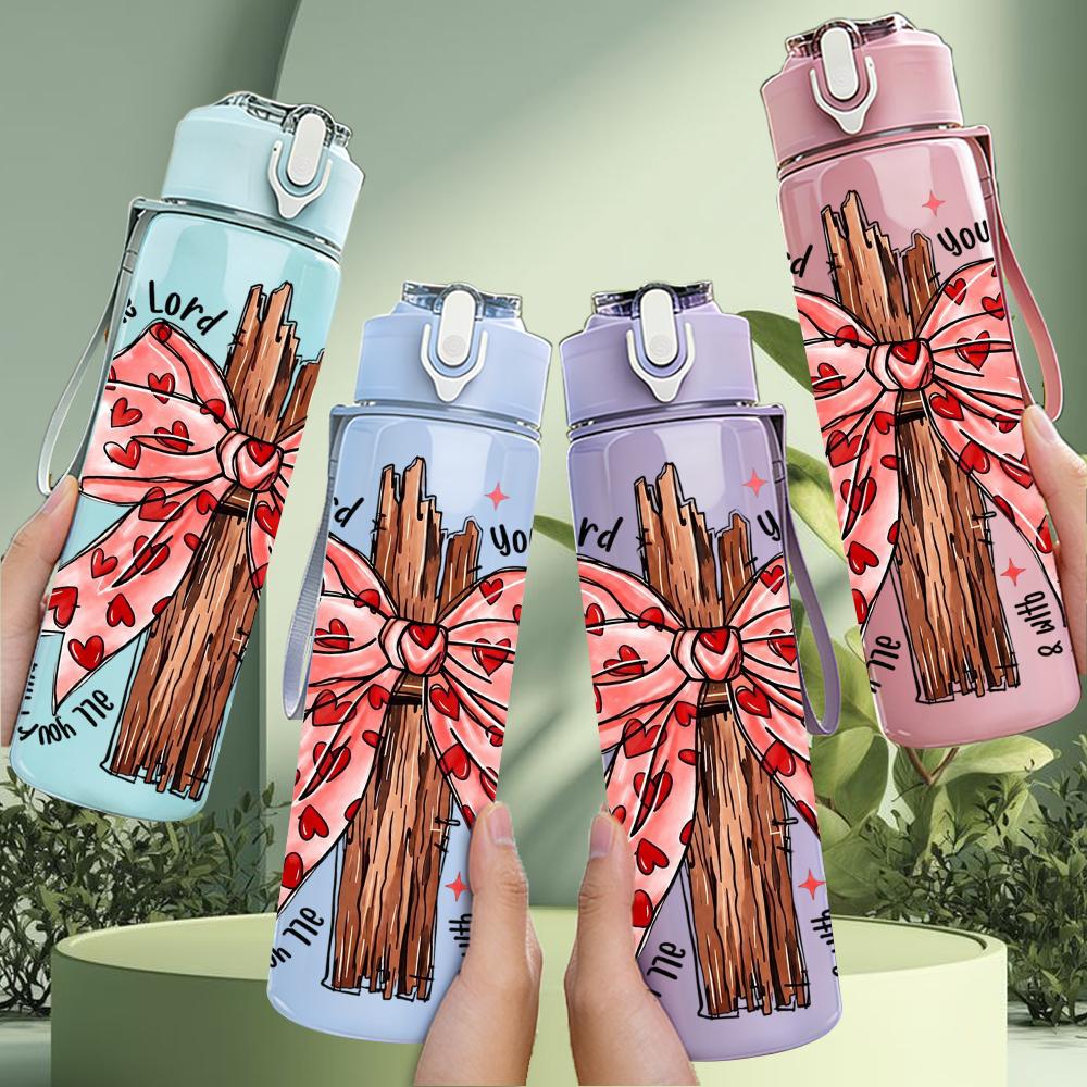 1PC Plaid Bow Wooden Cross Floral 750ml Color Plastic Sports Water Bottle Leakproof Flip Straw Lid Suitable for Sports Office Home Use