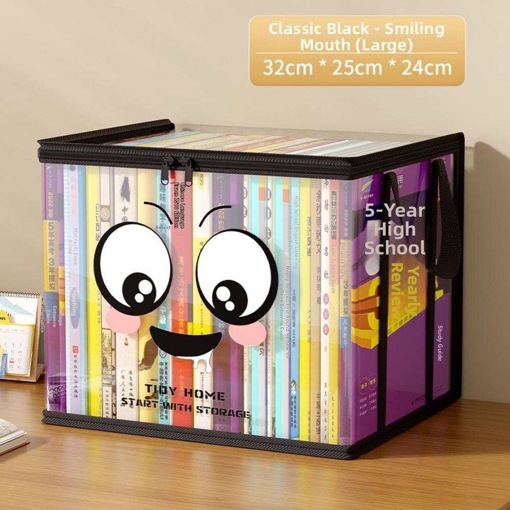 Große quadratische Buchaufbewahrungstasche PVC Transparenter Deckel Design Aufbewahrungsbox Reißverschluss Fröhliches Gesichtsmuster Organizer-Behälter Heimorganisation