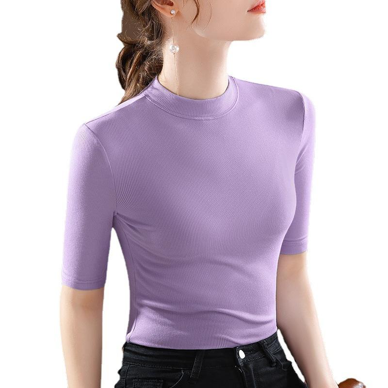 Camiseta de Manga Media para Mujer Nueva Camiseta de Color Sólido para Mujer con Cuello Redondo en el Hombro Delantero Mallas Elásticas Interiores