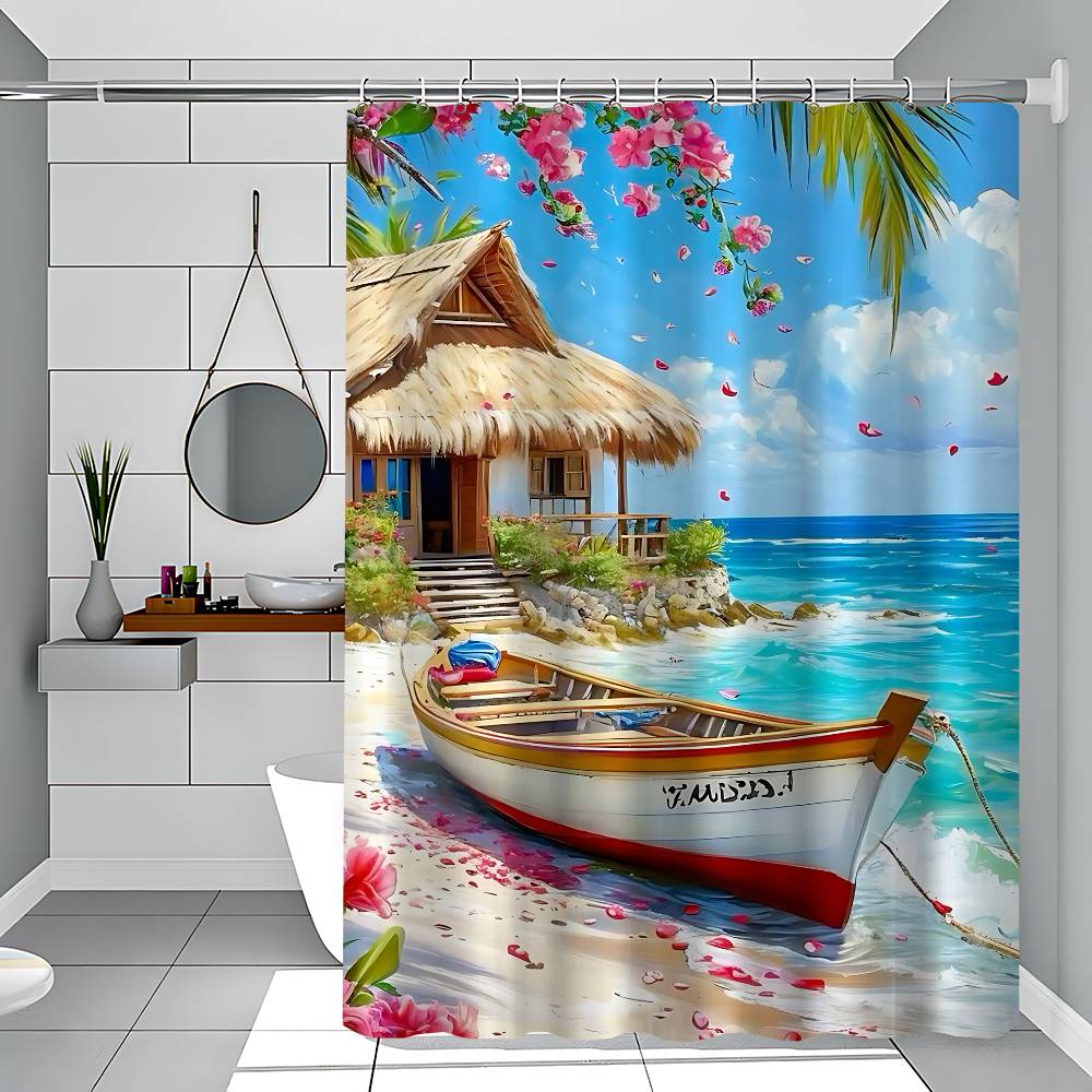 Beach Scenery Shower Curtain Bath Curtain Print Polyester Fabric Waterproof Bathroom Curtains With Hooks Bath Screen