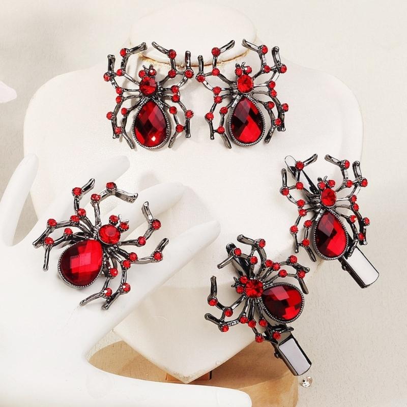Diamond Spiders Shape Hairpin/Earring/Rings Set Halloween Hair Clip for Vacation Carnivals Ponytail Bangs Hairpin Girl