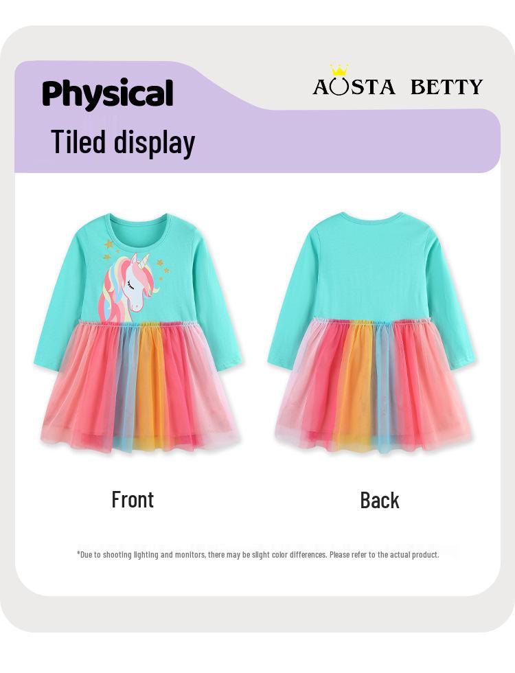 Autumn Girls' Unicorn Princess Dress – Cute European & American Style with Mesh