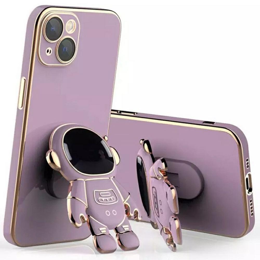 

For iPhone 15 Case Electroplating Soft TPU Phone Cover Astronaut Hidden Kickstand Purple