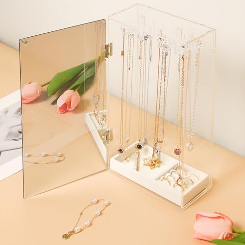 Jenseits Necklace Organizer with Mirror, Acrylic Necklace Holder Organizer w/Velvet Tray, 24 Hooks Jewelry Organizer Holder Storage Stand, Ring Earri
