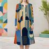 Women Plus Size Printed Two Piece Dress Set Round Neck Long Sleeve Cropped Cardigan Sleeveless Dress