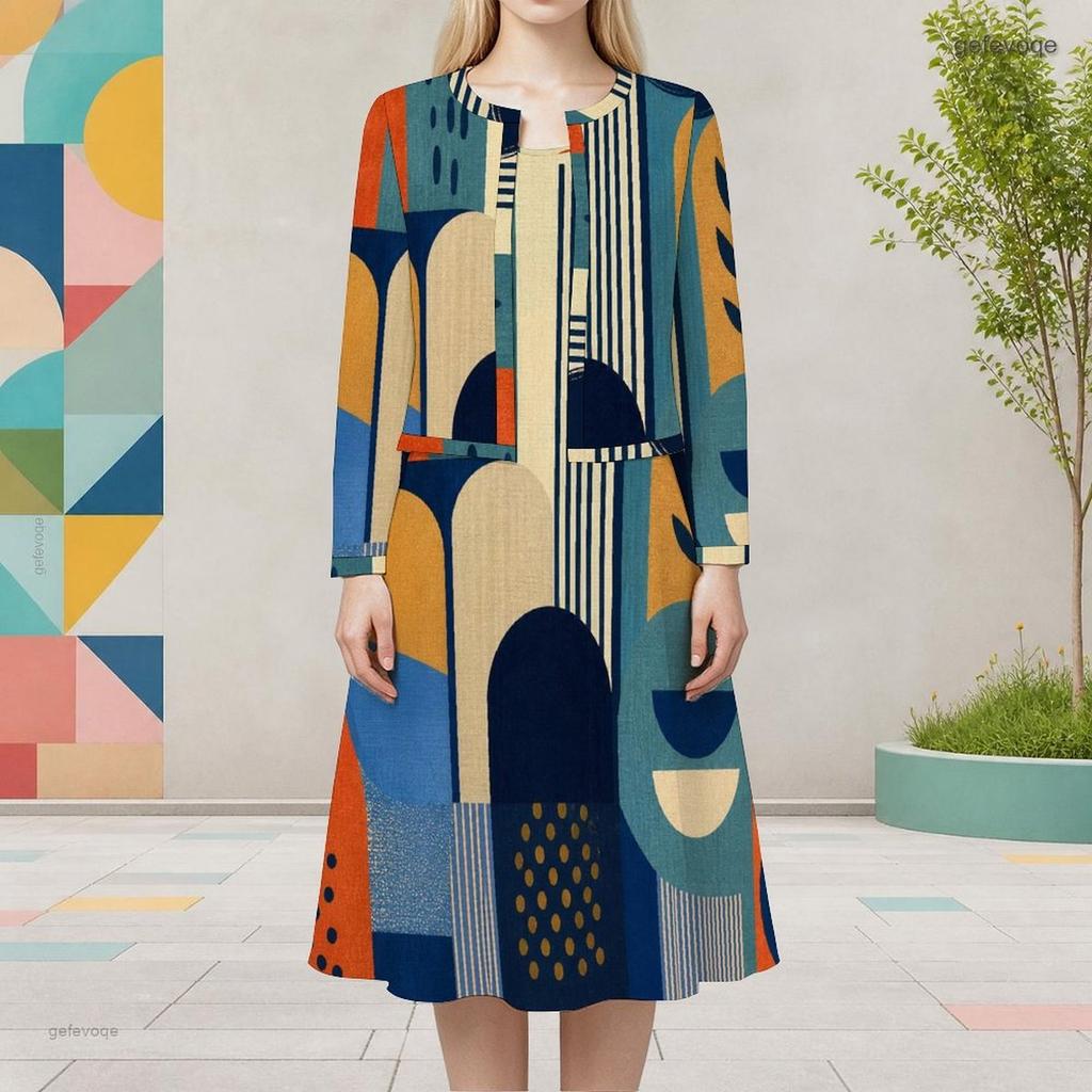 Women Plus Size Printed Two Piece Dress Set Round Neck Long Sleeve Cropped Cardigan Sleeveless Dress