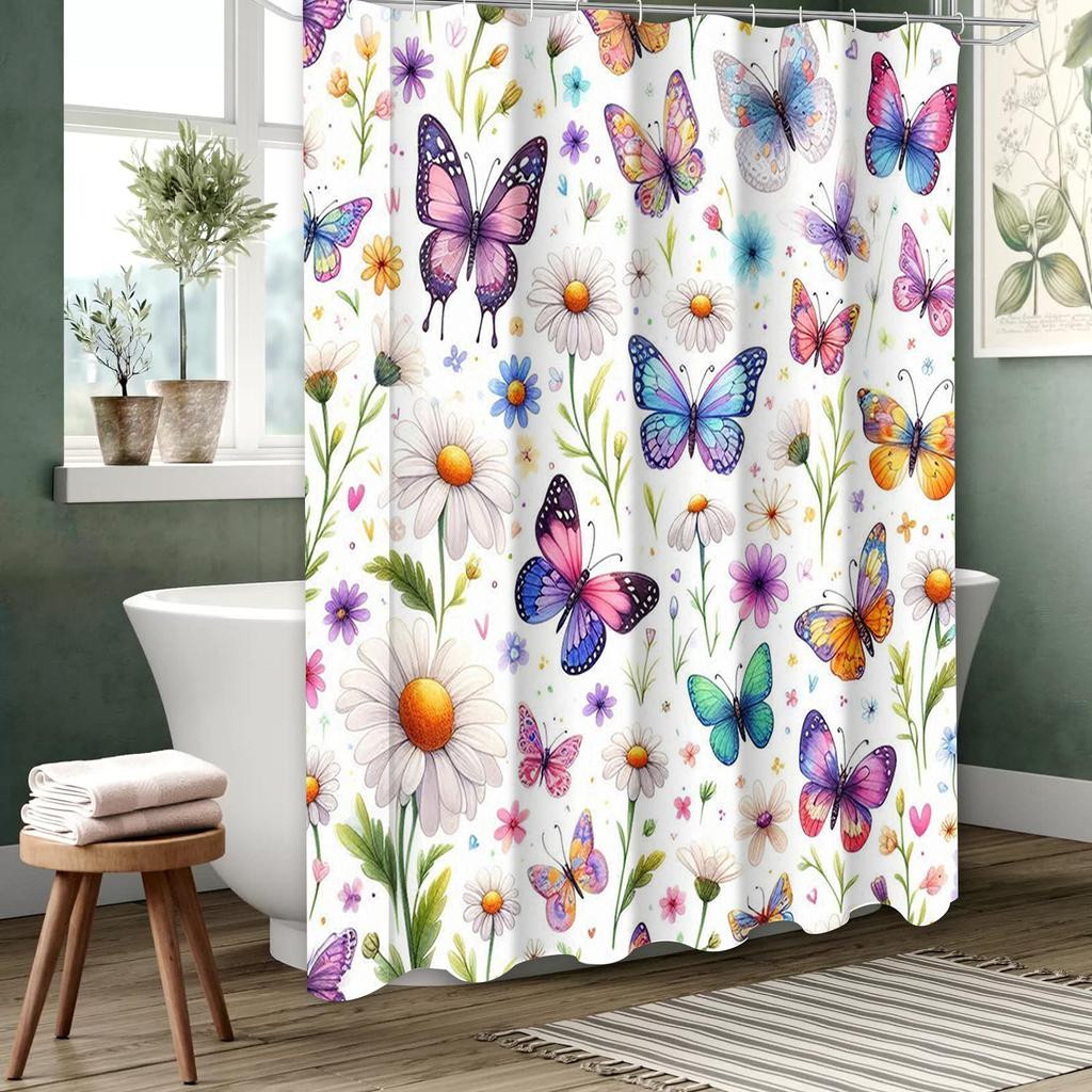 Butterfly Pattern Bathing Curtain  Bathroom Shower Curtain Waterproof With 12 Hooks Home Deco Free Ship