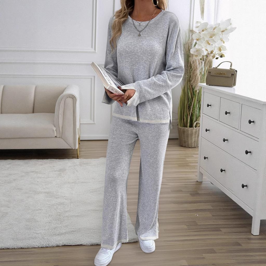 Women's Color Block Long Pants Round Neck Long Sleeve Loungewear Set