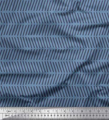 Blue Japan Crepe Satin Fabric Line Geometric Print Fabric by the Metre 42 Inch