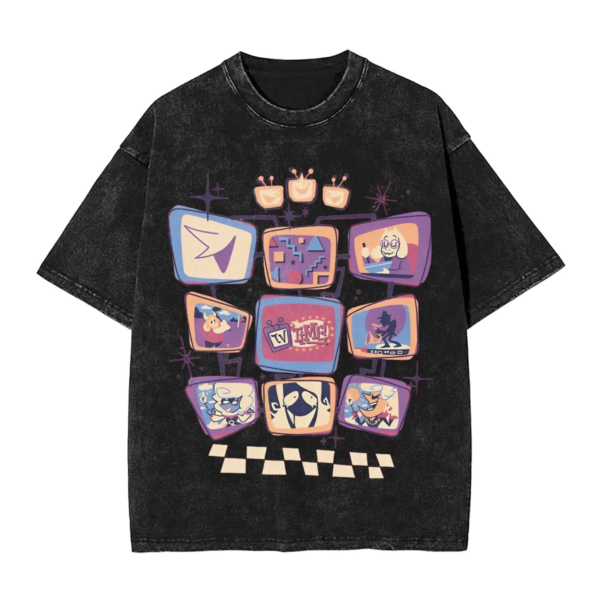 

Its TV Time T Shirts Hip Hop Washed TShirt Tenna Deltarune Novelty for Unisex Women Tops Streetwear Summer Tops Tees S