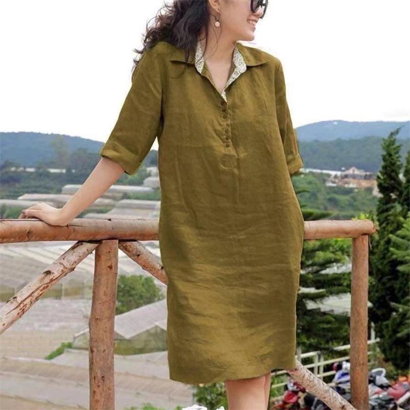 Spring & Summer V-Neck Loose Dress for Middle-Aged Women: Medium-Length, Large Size