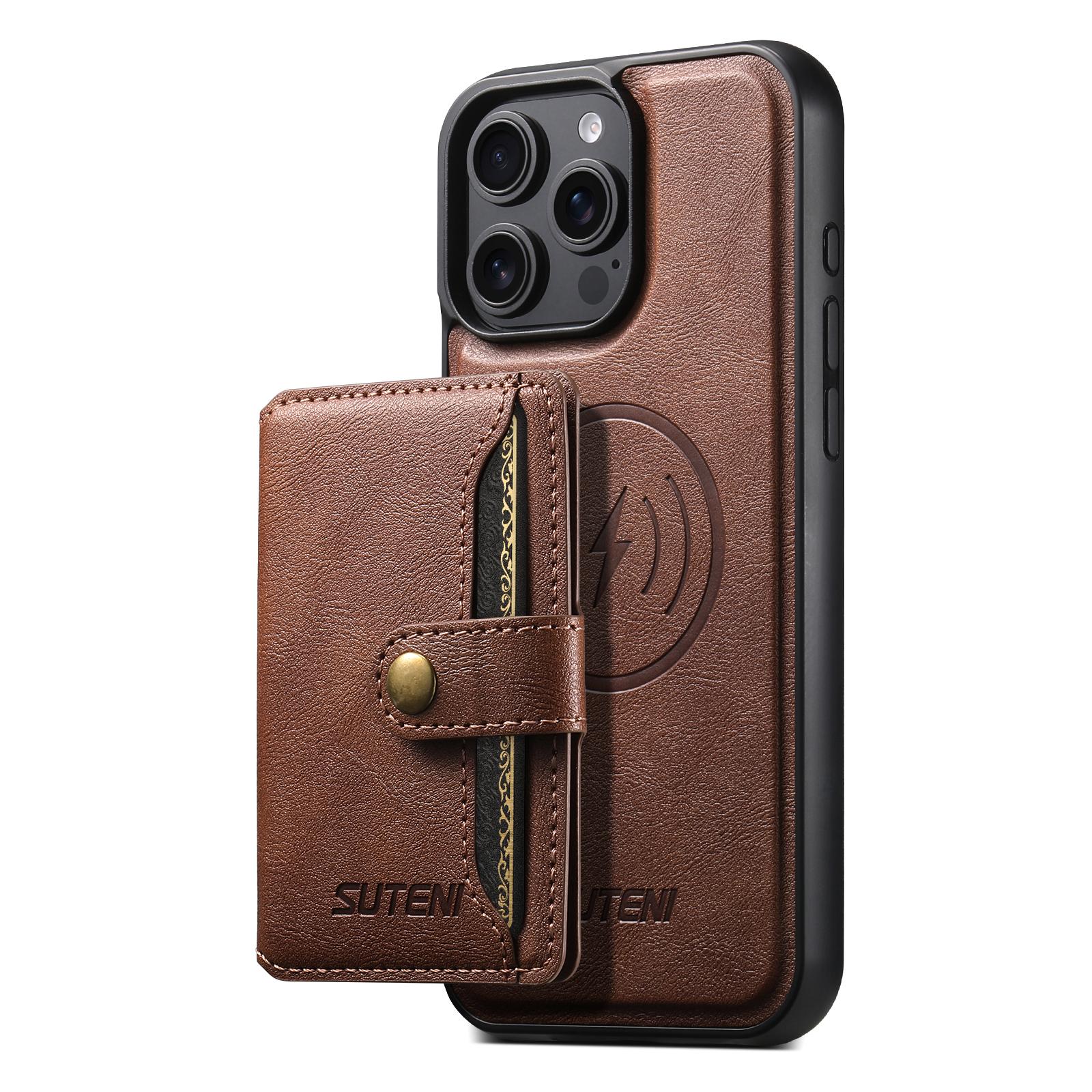

SUTENI M4 For iPhone 15 Pro Magnetic Case with Card Holder Cowhide Texture Leather Back Cover Black