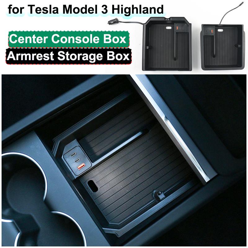 For Tesla Model Y Juniper 2025 Center Control Armrest Storage Box Model3 Highland USB Type C Charging Hub Glasses Clip Organizer