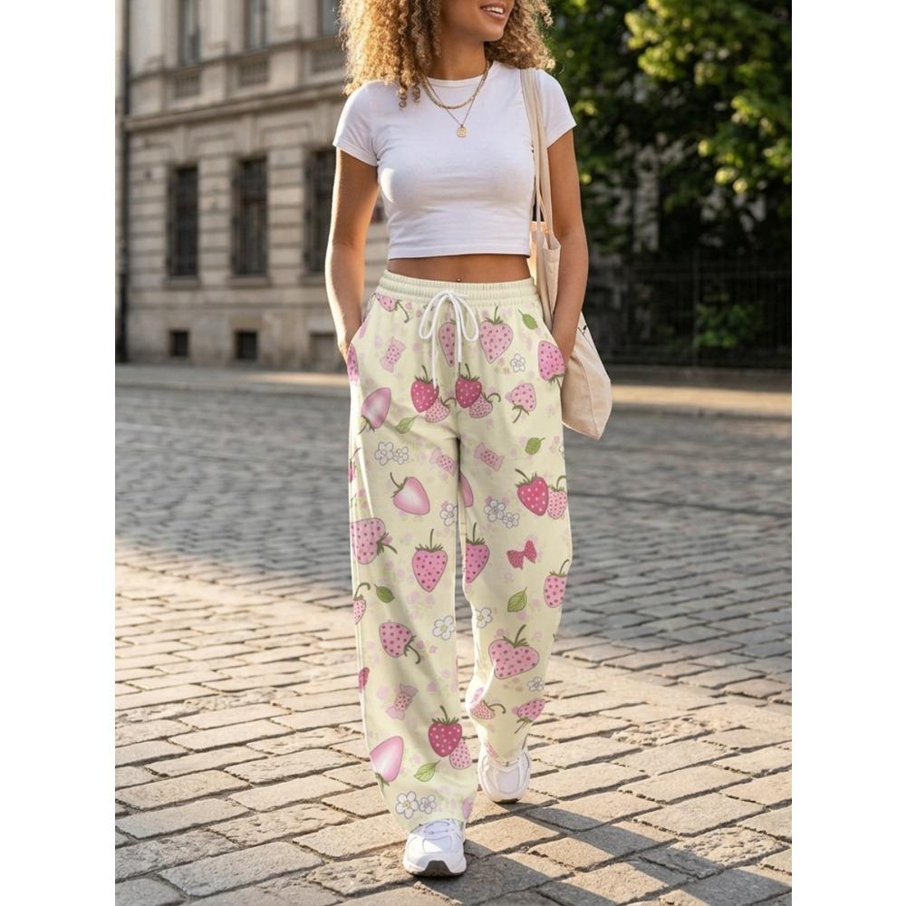Ladies Loose Fashion Casual Sports Wide Leg Pants Cream Base Color Cartoon Strawberry Candy Flower Pattern Print