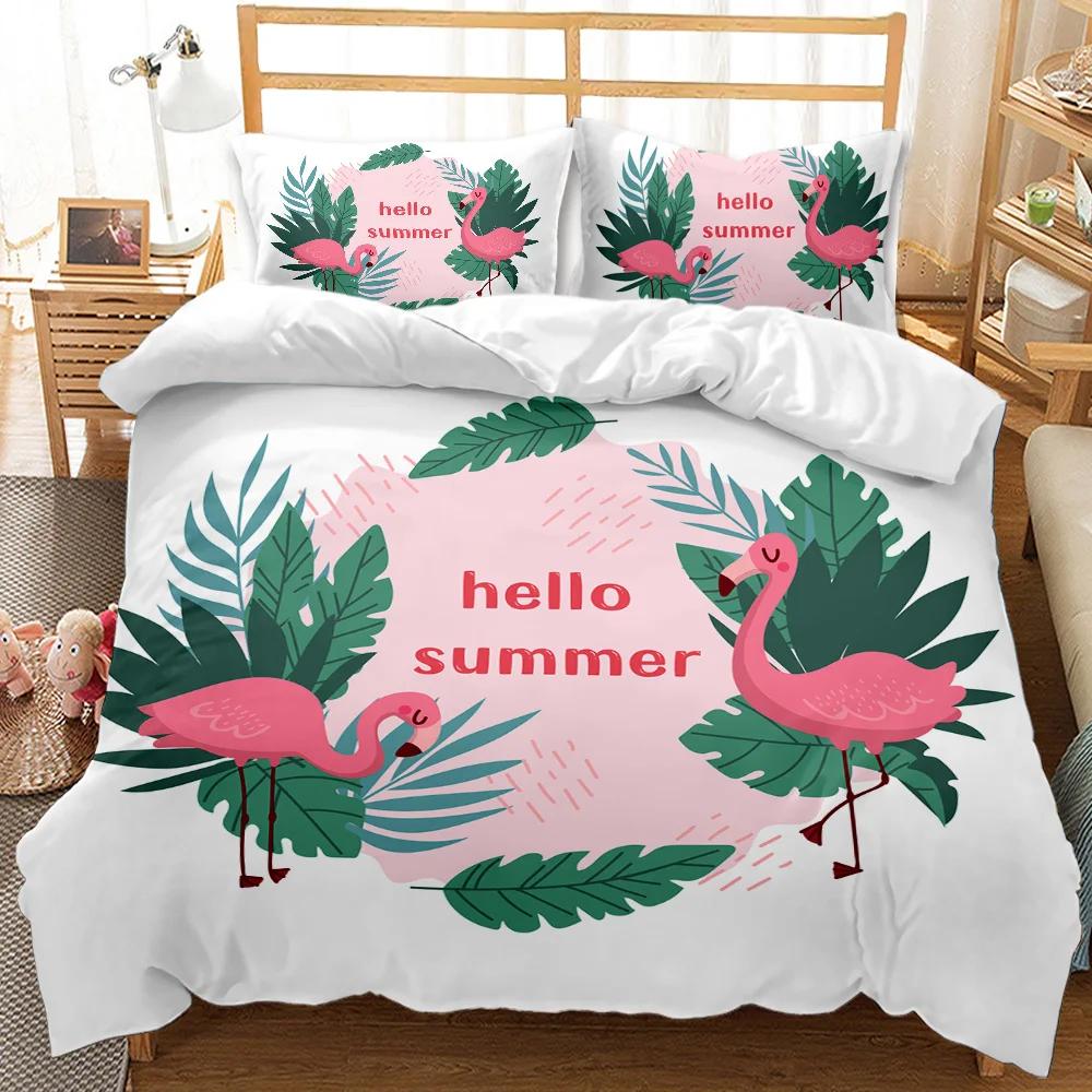 Flamingo Duvet Cover Couple Flamingo Palm Leaf Twin Bedding Set Tropical Botanical Leaves Summer King Size Polyester Quilt Cover