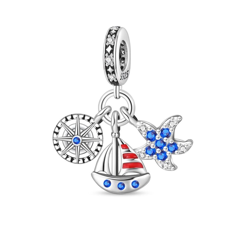 New 925 Sterling copper Summer Blue Ocean Turtle Starfish Dolphin Dangle Charms Fit Original Bracelet Necklace Zircon