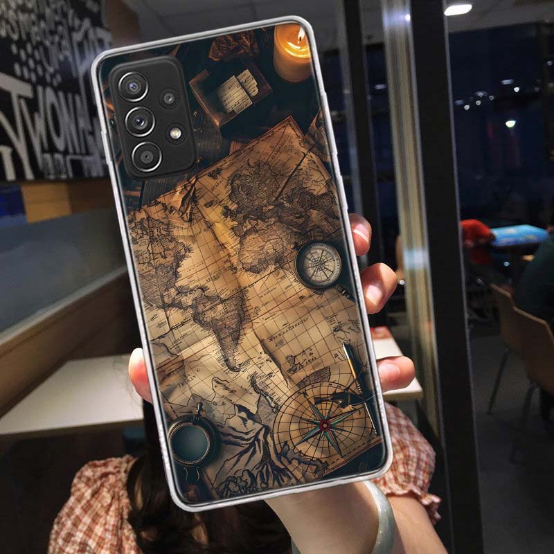 Compass Map Voyage Phone Case for Samsung A54 A57 A37 A17 A14 A15 A12 A24 A34 A55 A35 A25 A52S A07 A05S A04S A22 A32 A72 Galaxy