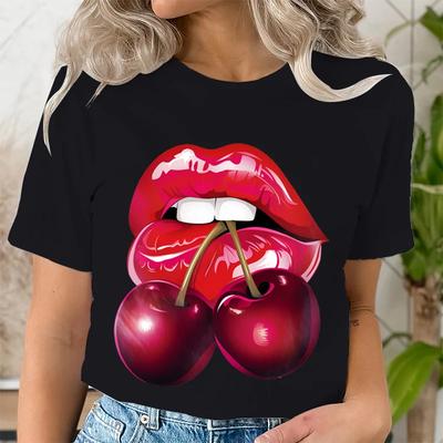 Sommerkleidung LIPS CHERRY Print T-Shirts Kurzarm Damen Casual Damenmode Graphic Tee T-Shirts Weibliche T-Shirt Kleidung