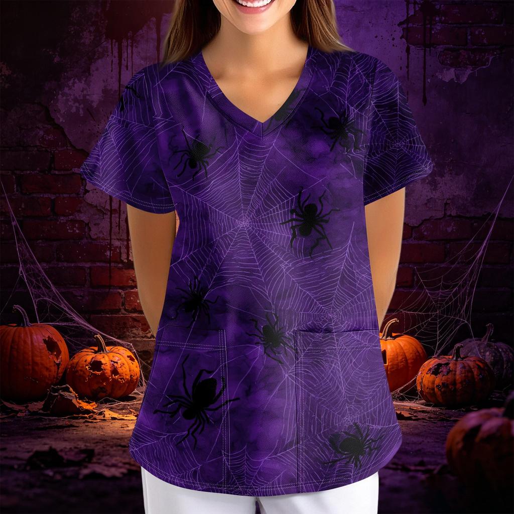Women Halloween Print Loose Fit V Neck Short Sleeve Scrub Top with Pockets for Healthcare Professionals Comfortable Workwear
