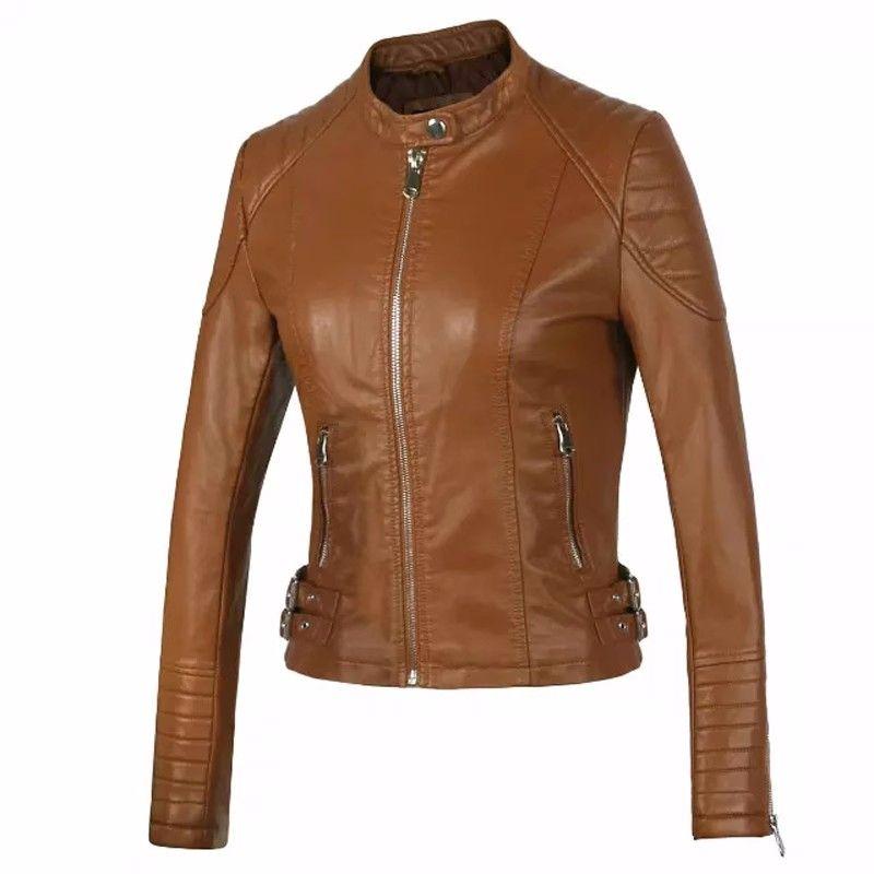 

New Arrival Long-Sleeved, Slim-Fit, Short Women s Leather Coat Thread Stylish Small Stand Collar Locomotive Style Handsome Trendy PU Leather Jacket Brown S