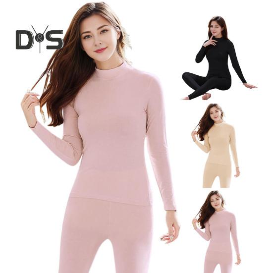 2 Pcs/Set Winter Women Thermal Underwear Set Middle-high Collar Long Sleeve Warm Thick Plush Slim Fit Elastic Lady Cold Weather Pajamas Set Homewear