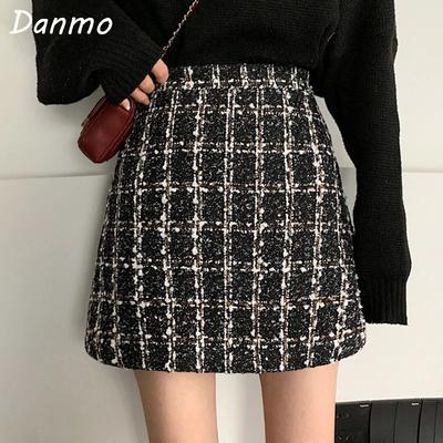 Jupe à carreaux Danmo pour femmes, mini-jupe en tweed pailleté en laine épaisse, grande taille