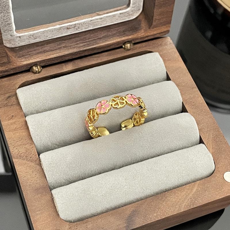 Cute Romantic Purple Four Leaf Zircon Flower Adjustable Rings for Women Gold Color Stainless Steel Jewelry Gift Anillos De Mujer